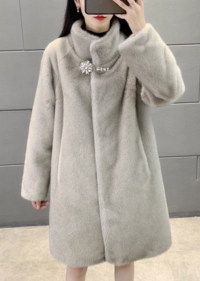 Ny Grå Stand Button Zircon Collar Mink Velvet Coats Vinter - Dame vinterfrakker