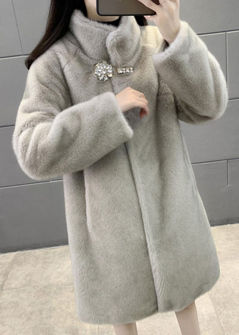 Ny Grå Stand Button Zircon Collar Mink Velvet Coats Vinter - Dame vinterfrakker