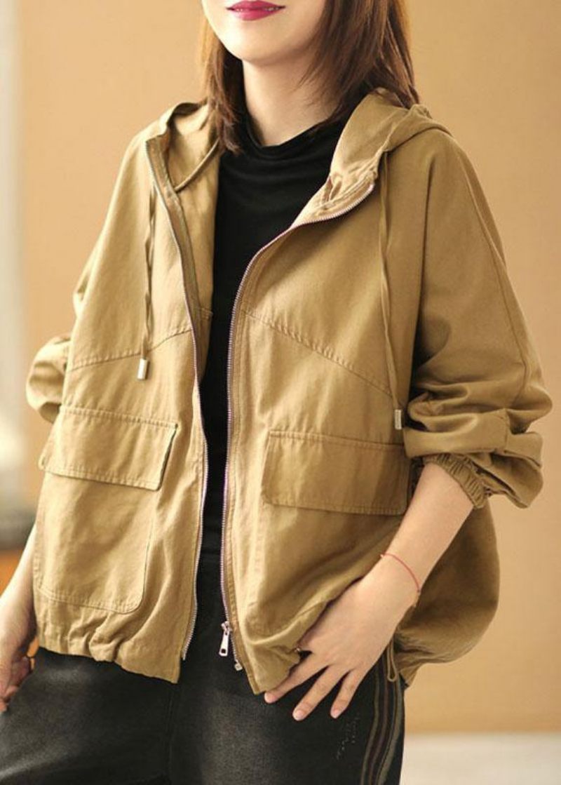 Ny Khaki Loose Hooded Lommer Fall Long Sleeve Coat