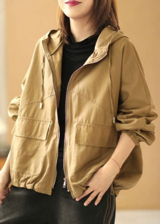 Ny Khaki Loose Hooded Lommer Fall Long Sleeve Coat