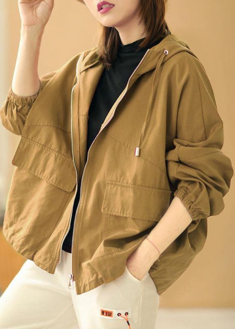 Ny Khaki Loose Hooded Lommer Fall Long Sleeve Coat - Dame vinterfrakker