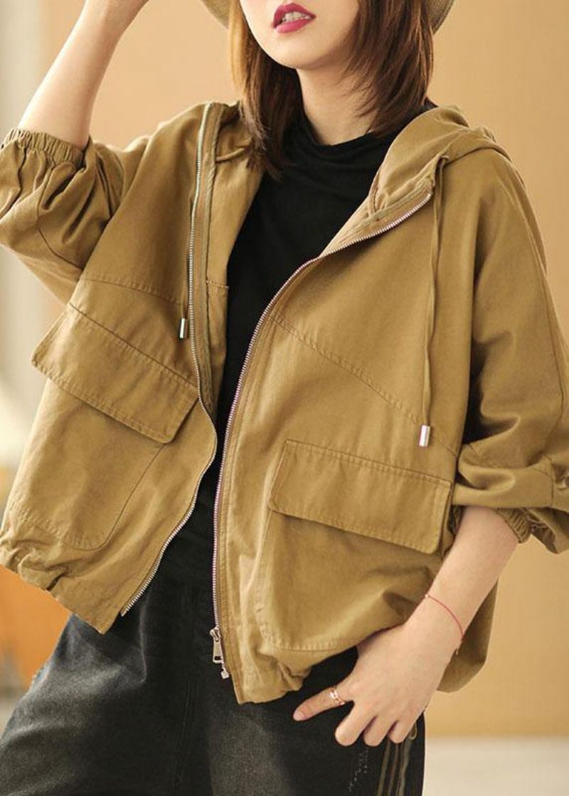 Ny Khaki Loose Hooded Lommer Fall Long Sleeve Coat - Dame vinterfrakker