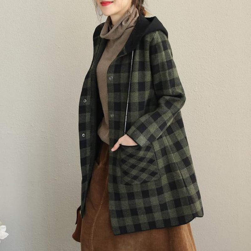 Ny Løs Hættetrøje Plaid Thicken Coat Dame Casual Jakker - Grøn