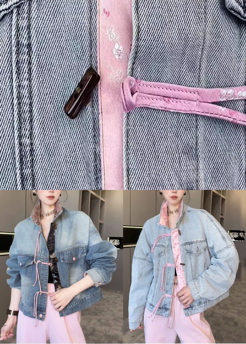 Ny Lyseblå Knap Patchwork Denim Frakker Lange Ærmer - Dame vinterfrakker