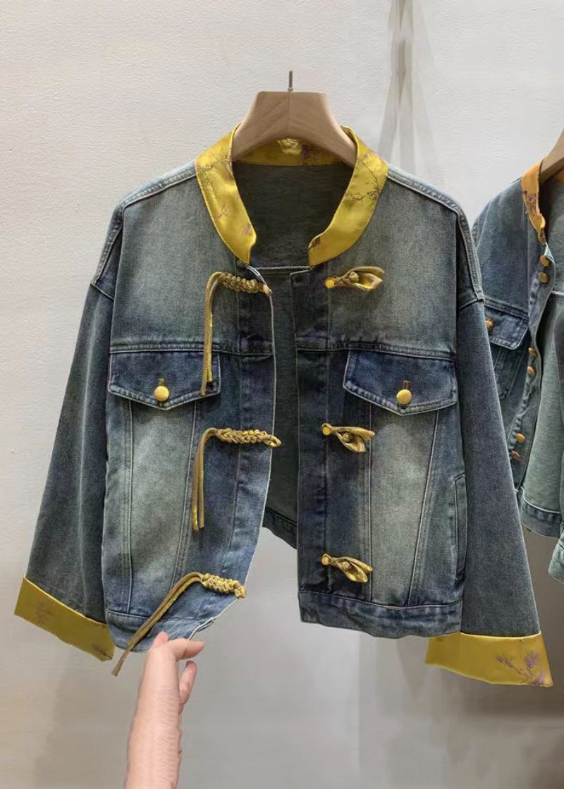 Ny Mørkeblå Kinesisk Knap Patchwork Denim Skjorte Langærmet - Dame vinterfrakker