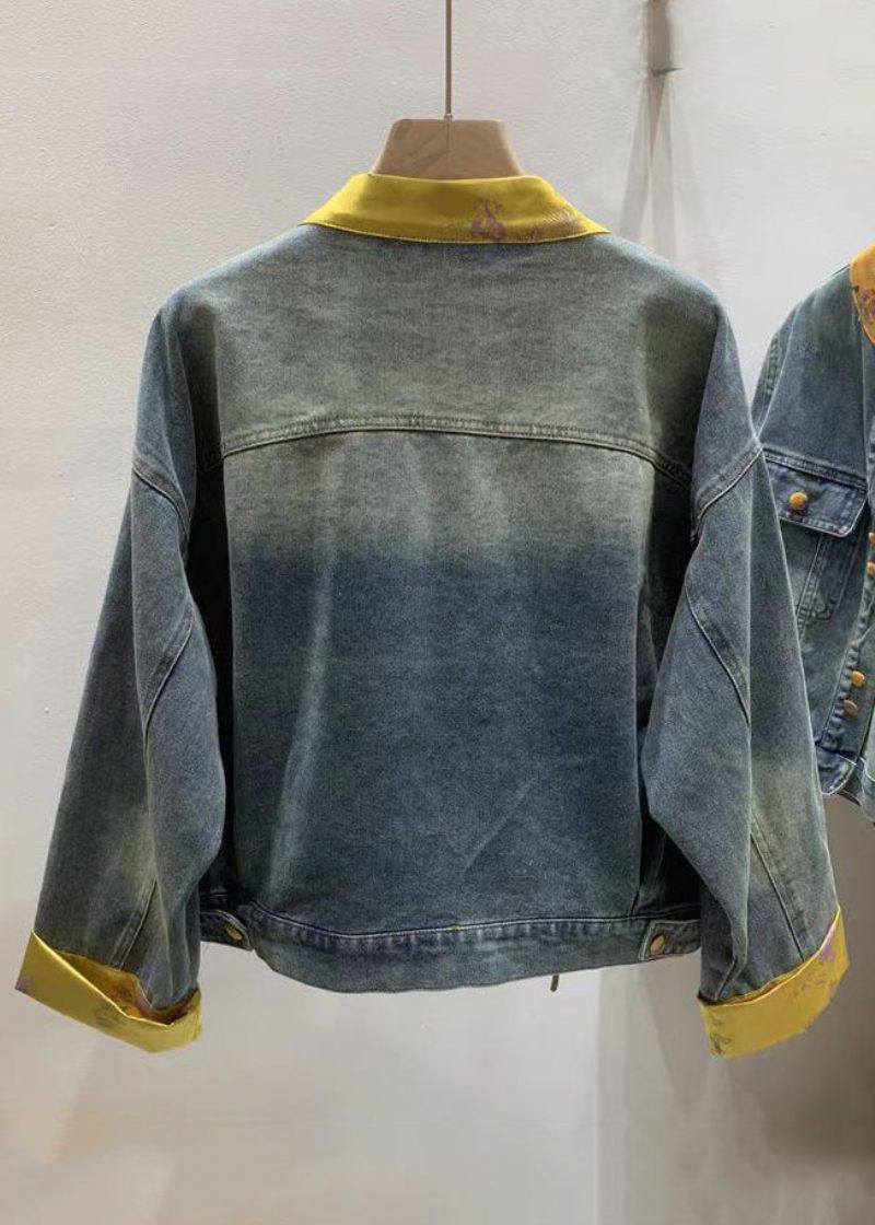 Ny Mørkeblå Kinesisk Knap Patchwork Denim Skjorte Langærmet - Dame vinterfrakker