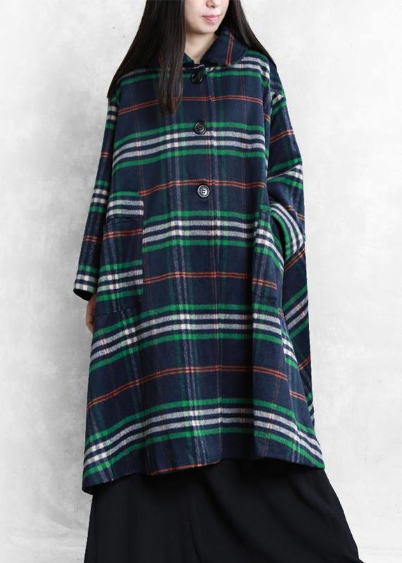 Ny Oversized Vinterfrakke Efterårsfrakke Blå Plaid Peter Pan Krave Ulden Overfrakke