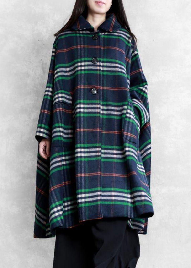 Ny Oversized Vinterfrakke Efterårsfrakke Blå Plaid Peter Pan Krave Ulden Overfrakke - Dame vinterfrakker