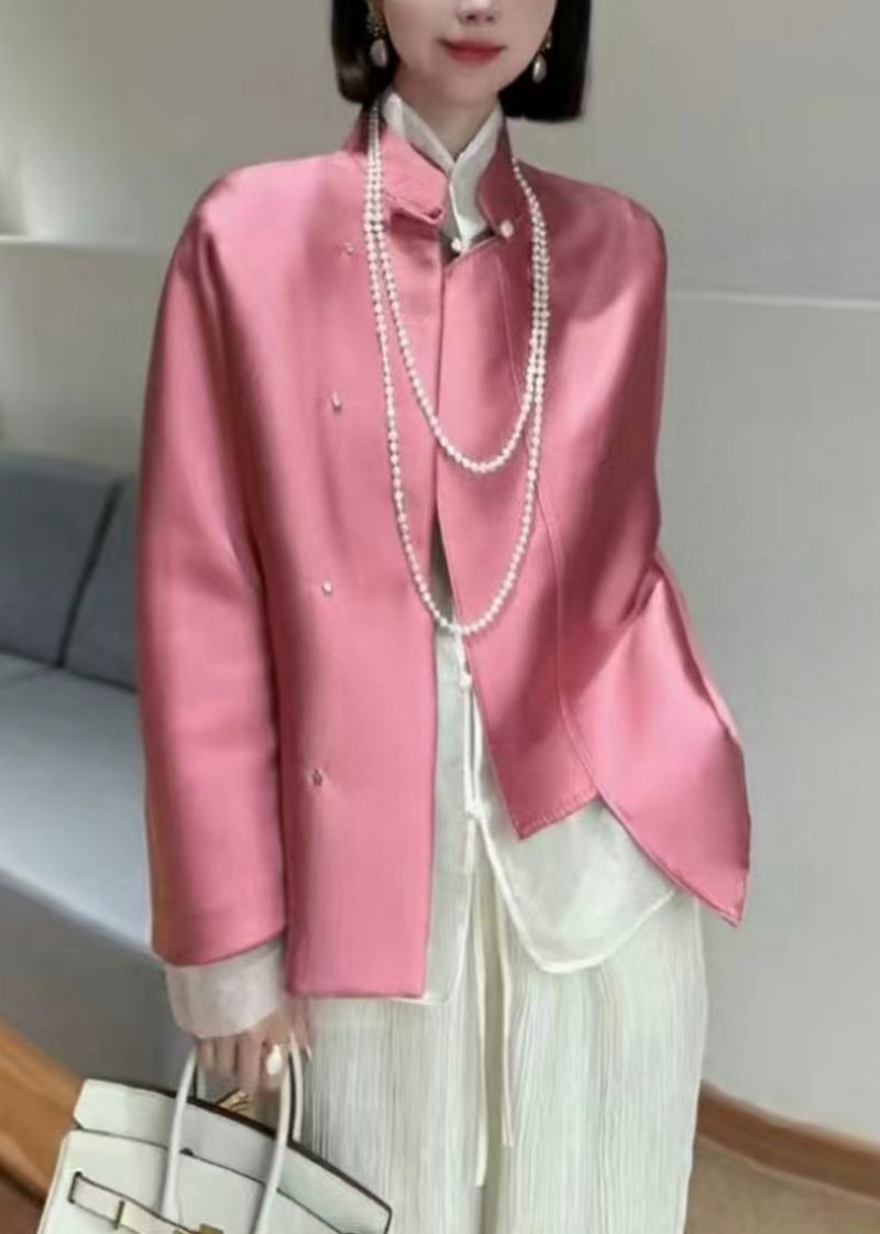 Ny Pink Stand Krave Knap Patchwork Silk Coats Spring - Dame vinterfrakker