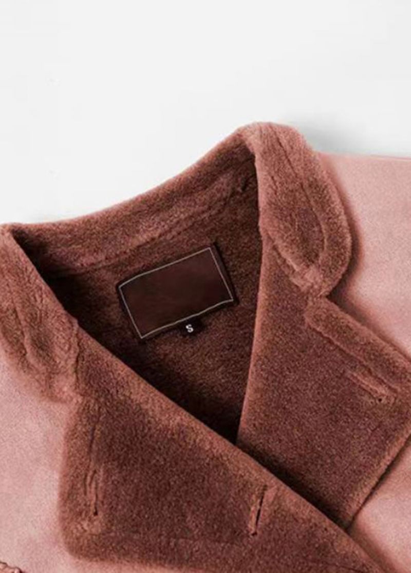 Ny Pink Stand Krave Lommer Tie Talje Fleece Uld Foret Trench Vinter - Dame vinterfrakker