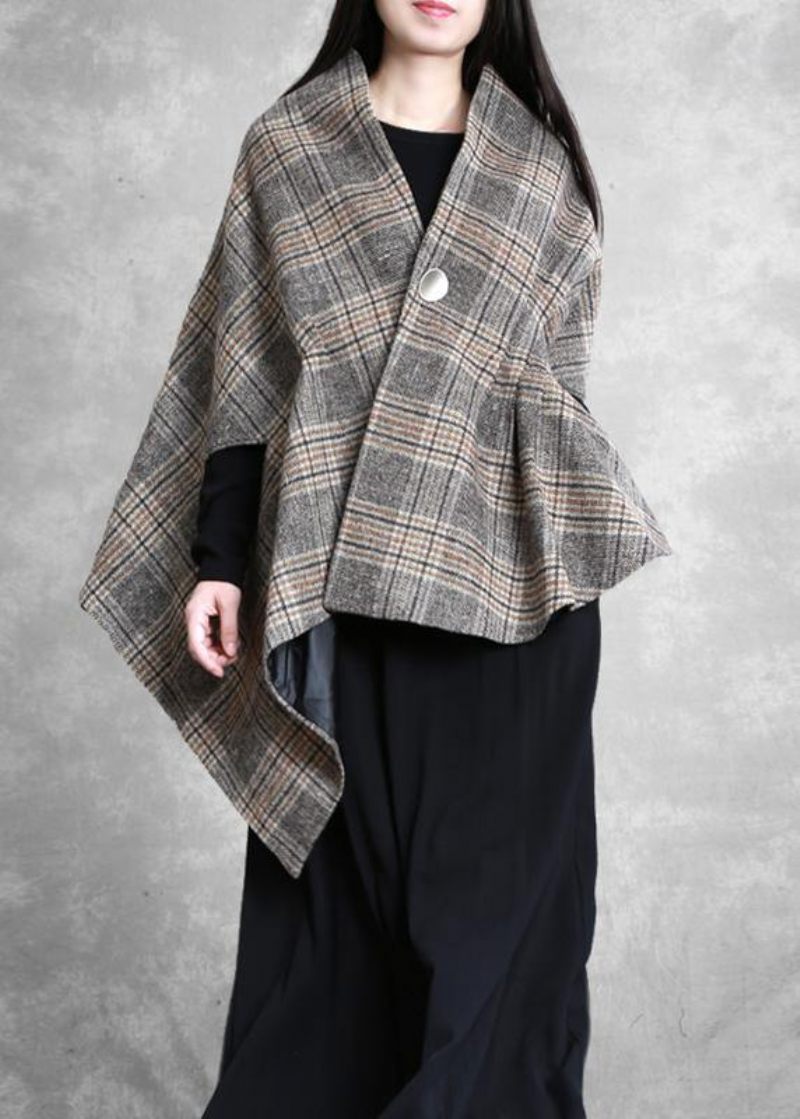 Ny Plus Size Mellemlængde Frakke Outwear Khaki Plaid Asymmetrisk Batwing Ærmer Uldfrakker