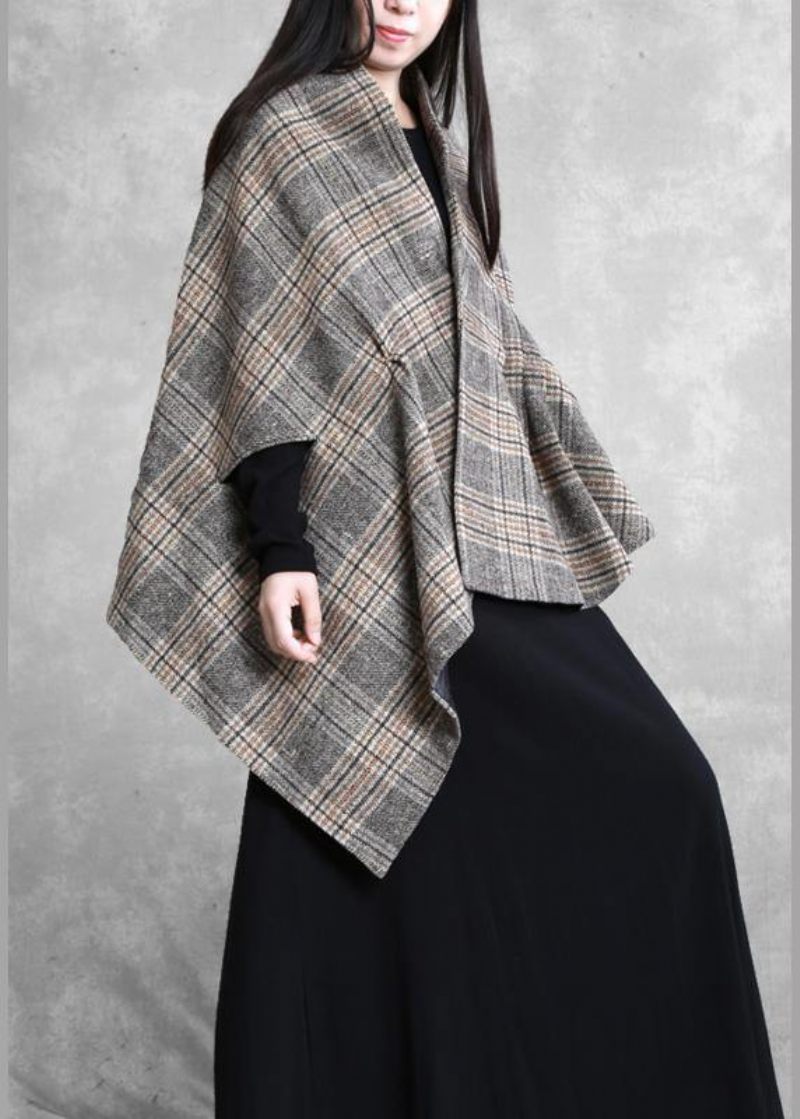 Ny Plus Size Mellemlængde Frakke Outwear Khaki Plaid Asymmetrisk Batwing Ærmer Uldfrakker - Dame vinterfrakker