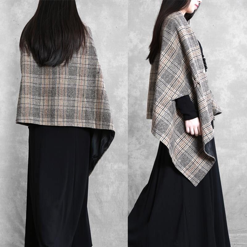 Ny Plus Size Mellemlængde Frakke Outwear Khaki Plaid Asymmetrisk Batwing Ærmer Uldfrakker - Dame vinterfrakker