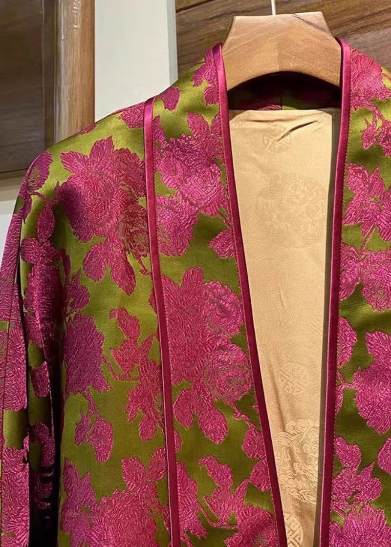 Ny Rose V-hals Print Silk Coat Langærmet - Dame vinterfrakker