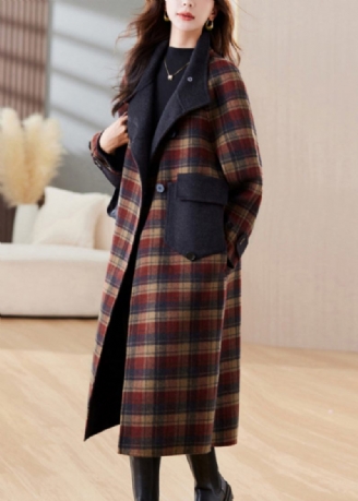 Nye Plaid Knaplommer Patchwork Cashmere Lange Frakker Vinter