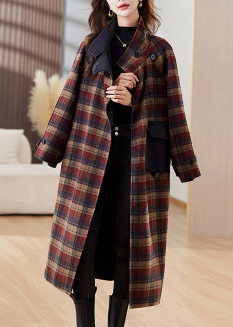 Nye Plaid Knaplommer Patchwork Cashmere Lange Frakker Vinter - Dame vinterfrakker