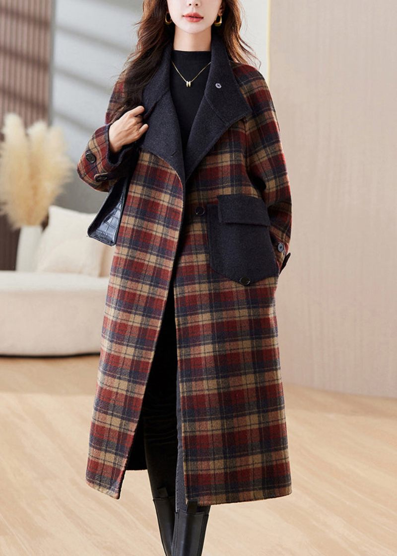 Nye Plaid Knaplommer Patchwork Cashmere Lange Frakker Vinter - Dame vinterfrakker