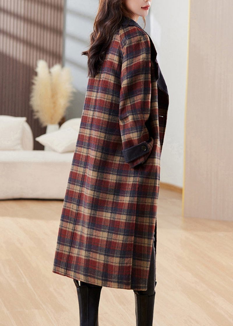 Nye Plaid Knaplommer Patchwork Cashmere Lange Frakker Vinter - Dame vinterfrakker