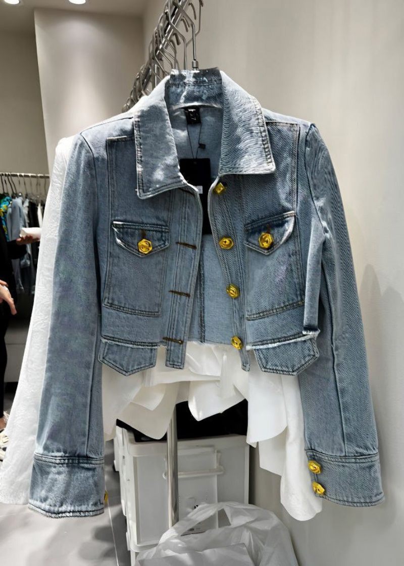 Nyhed Denim Blå Peter Pan Krave Patchwork Knap Frakker Lange Ærmer