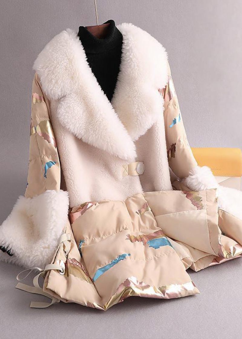 Nyhed Hvid Notched Print Uld Patchwork Button Duck Down Coat Vinter