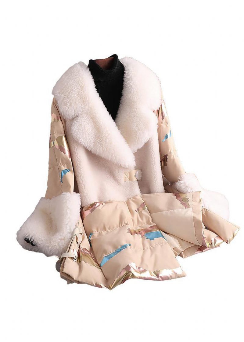 Nyhed Hvid Notched Print Uld Patchwork Button Duck Down Coat Vinter - Dame vinterfrakker