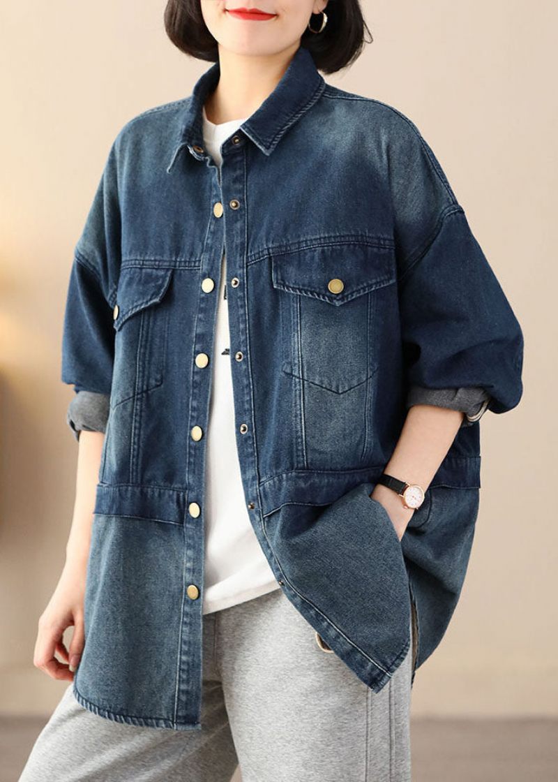 Økologisk Blå Oversized Patchwork Lommer Bomuld Denim Frakker Spring