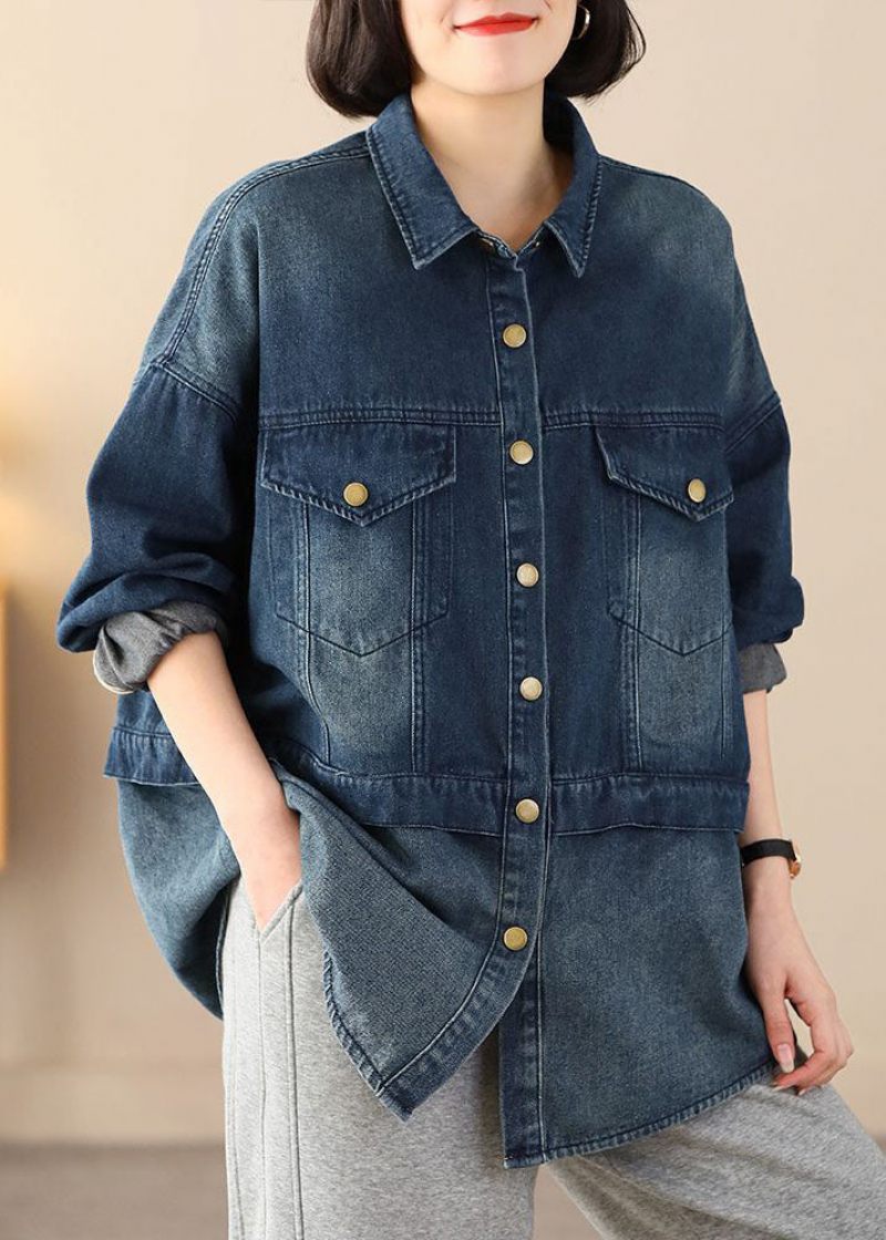 Økologisk Blå Oversized Patchwork Lommer Bomuld Denim Frakker Spring - Dame vinterfrakker