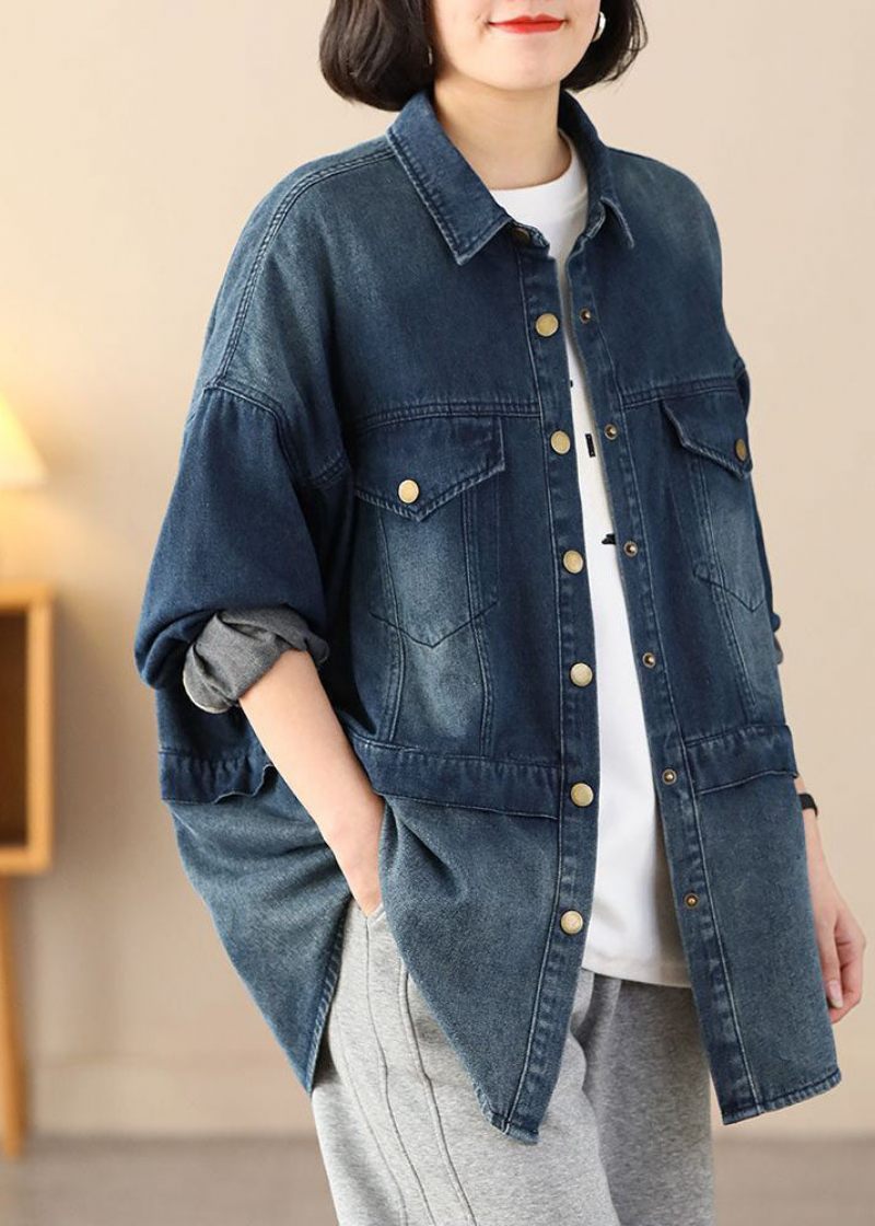 Økologisk Blå Oversized Patchwork Lommer Bomuld Denim Frakker Spring - Dame vinterfrakker