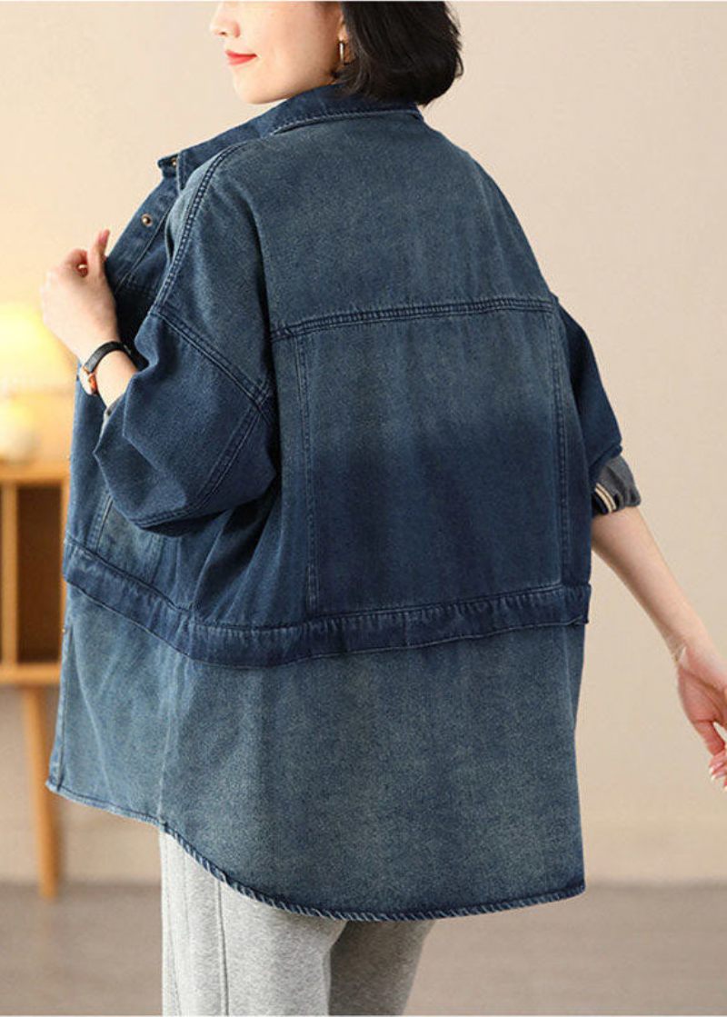 Økologisk Blå Oversized Patchwork Lommer Bomuld Denim Frakker Spring - Dame vinterfrakker