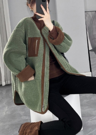 Økologisk Grøn Oversized Patchwork Faux Fur Teddy Coat Vinter