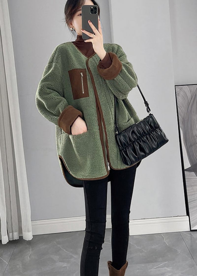 Økologisk Grøn Oversized Patchwork Faux Fur Teddy Coat Vinter - Dame vinterfrakker