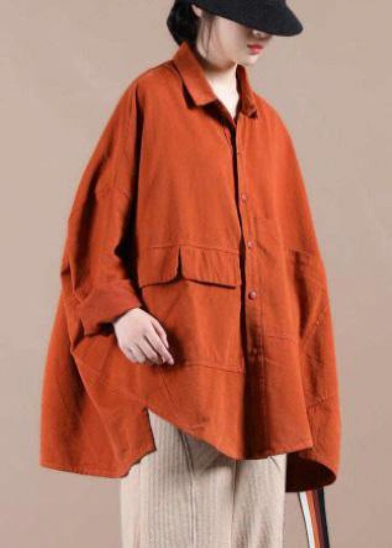 Økologisk Orange Frakke Til Kvinde Garderobeskabe Lapel Batwing Sleeve Forårsfrakker - Orange