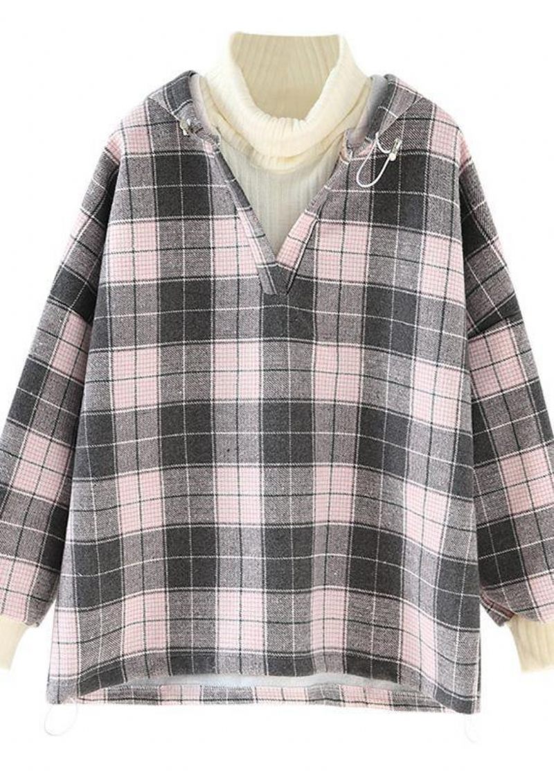 Økologisk Pink Plaid Bomuld Linned Toppe Dame Bluser Hætte Tunika V-hals - Pink