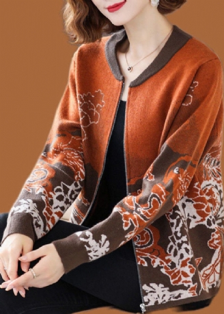 Orange Jacquard Strik Coat Outwear O-hals Lynlås Op Lange Ærmer