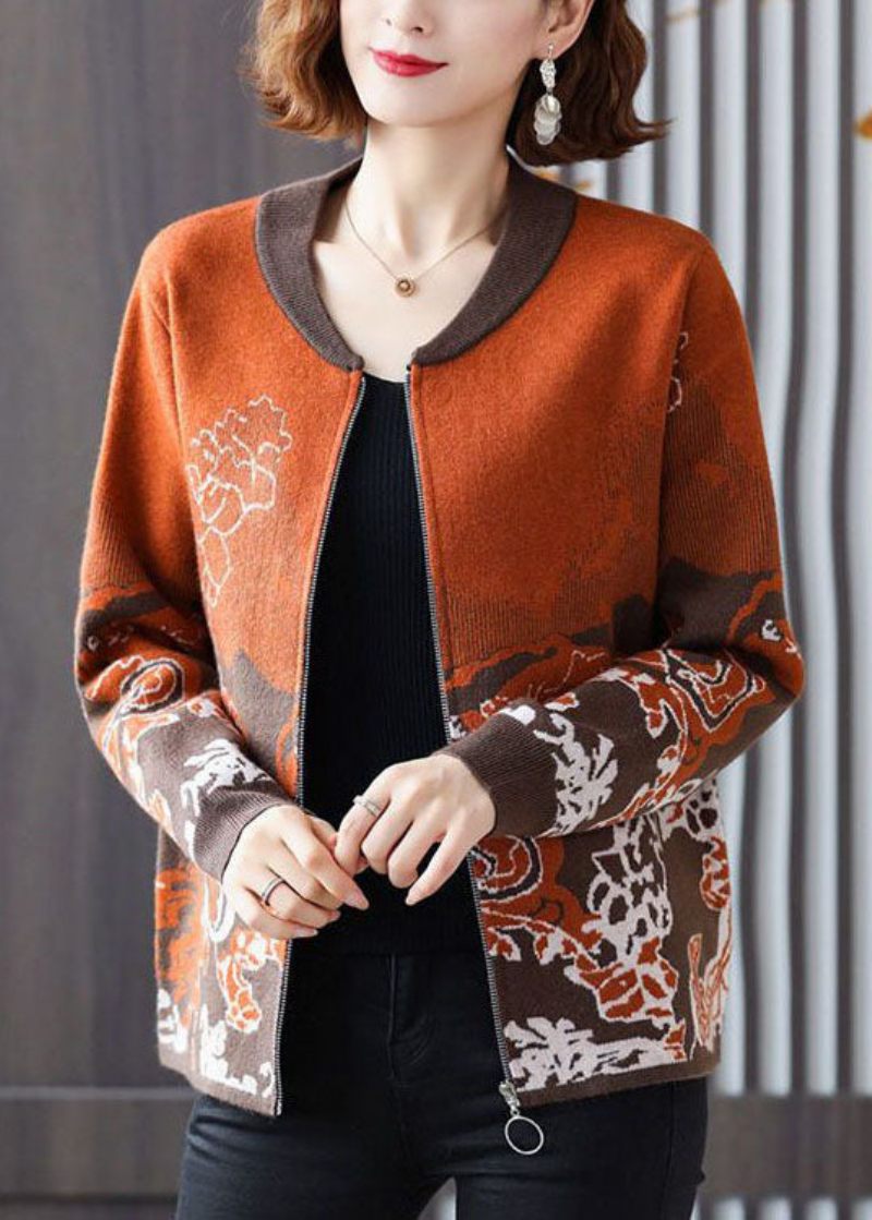 Orange Jacquard Strik Coat Outwear O-hals Lynlås Op Lange Ærmer - Orange