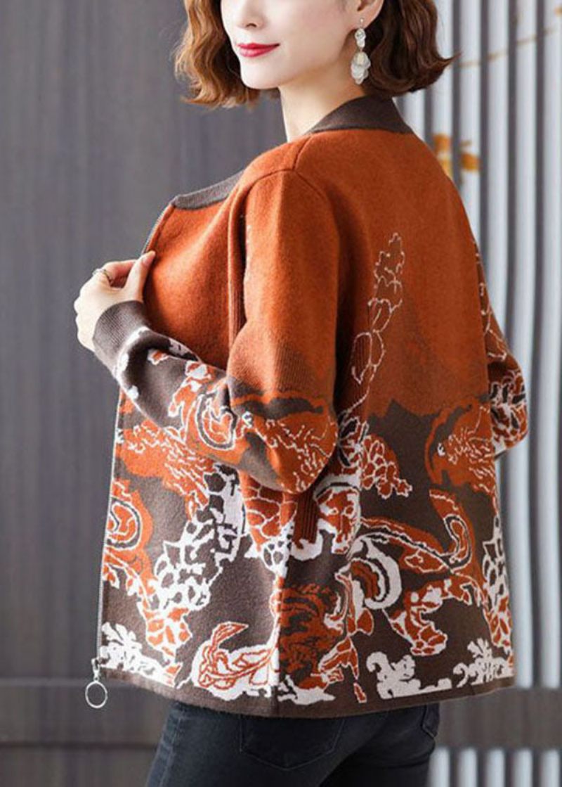 Orange Jacquard Strik Coat Outwear O-hals Lynlås Op Lange Ærmer - Orange