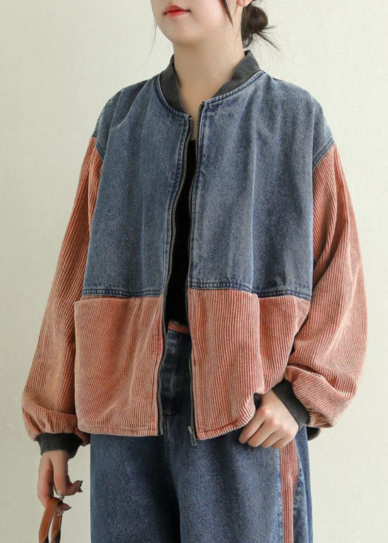 Orange Lommer Patchwork Fløjls Denimjakke Zip Up Spring