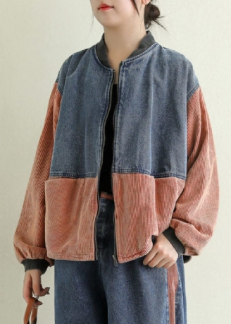 Orange Lommer Patchwork Fløjls Denimjakke Zip Up Spring