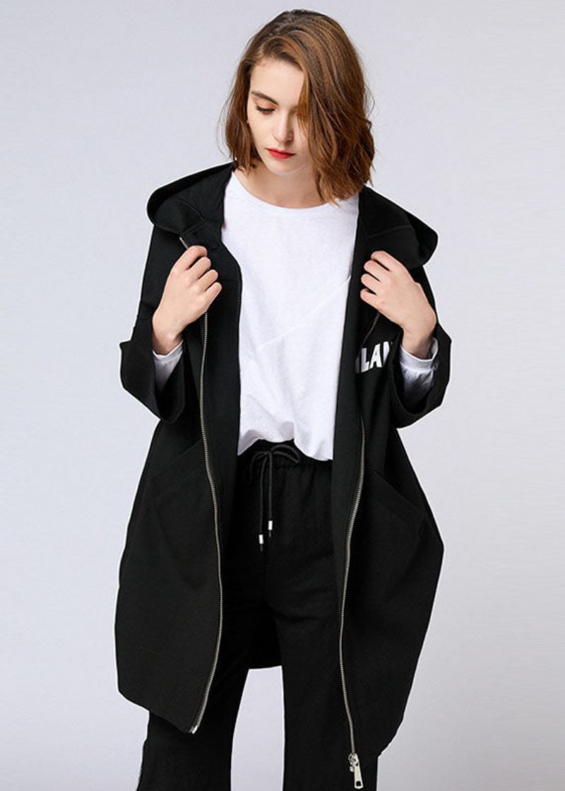 Organic Black Letter Lynlås Hætte Lommer Fall Long Coat - Dame vinterfrakker