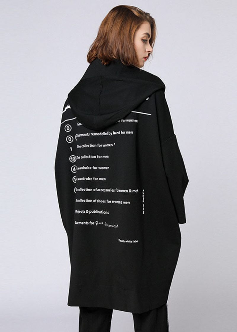 Organic Black Letter Lynlås Hætte Lommer Fall Long Coat - Dame vinterfrakker