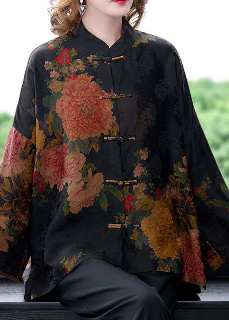 Original Blue-dragon Mandarin Collar Button Floral Print Silke Coats Langærmet - Dame vinterfrakker