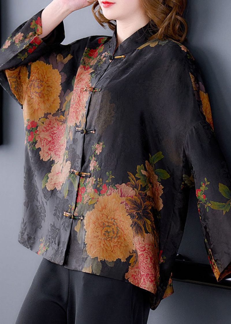 Original Blue-dragon Mandarin Collar Button Floral Print Silke Coats Langærmet - Dame vinterfrakker