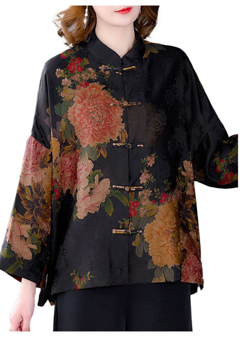 Original Blue-dragon Mandarin Collar Button Floral Print Silke Coats Langærmet - Dame vinterfrakker