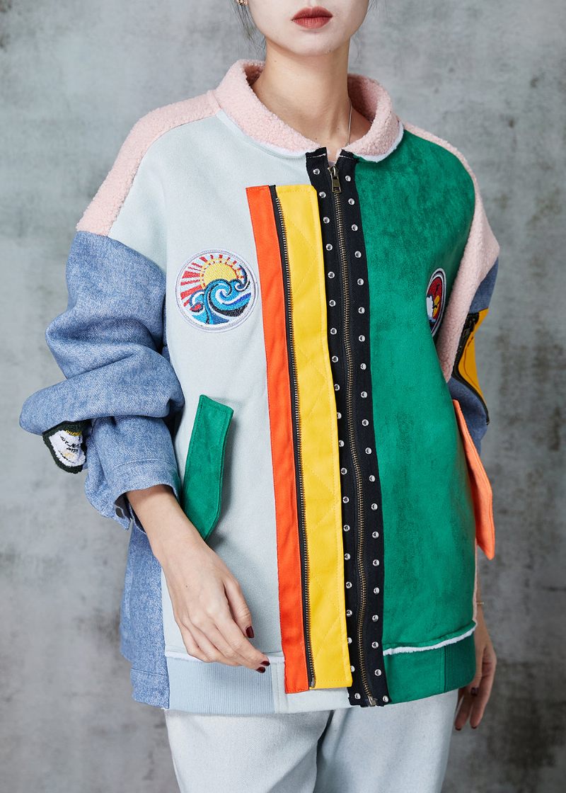 Original Design Colorblock Oversized Patchwork Læder Og Pelsjakker Vinter - Dame vinterfrakker