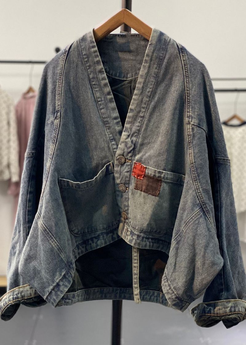 Original Retro Blå Asymmetrisk Patch-flagermusærmet Denimfrakker