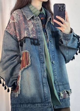 Originale Blå Kvastede Lommer Patchwork Denimjakker Forår