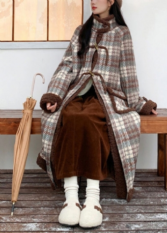 Originale Grønne Kaffe Plaid Lommer Fleece Uld Foret Frakke Vinter