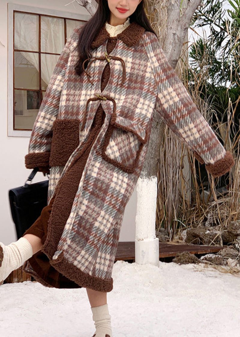 Originale Grønne Kaffe Plaid Lommer Fleece Uld Foret Frakke Vinter - Dame vinterfrakker