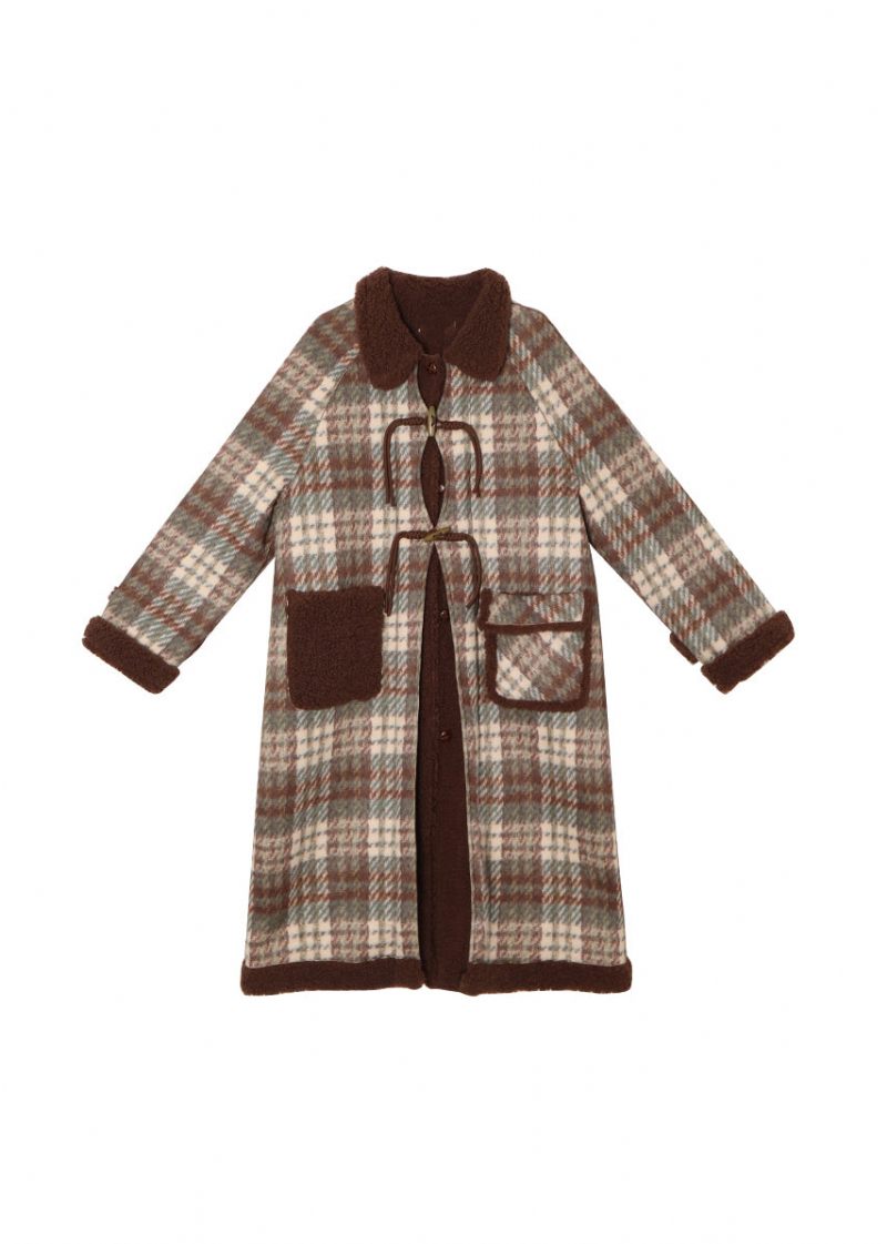 Originale Grønne Kaffe Plaid Lommer Fleece Uld Foret Frakke Vinter - Dame vinterfrakker