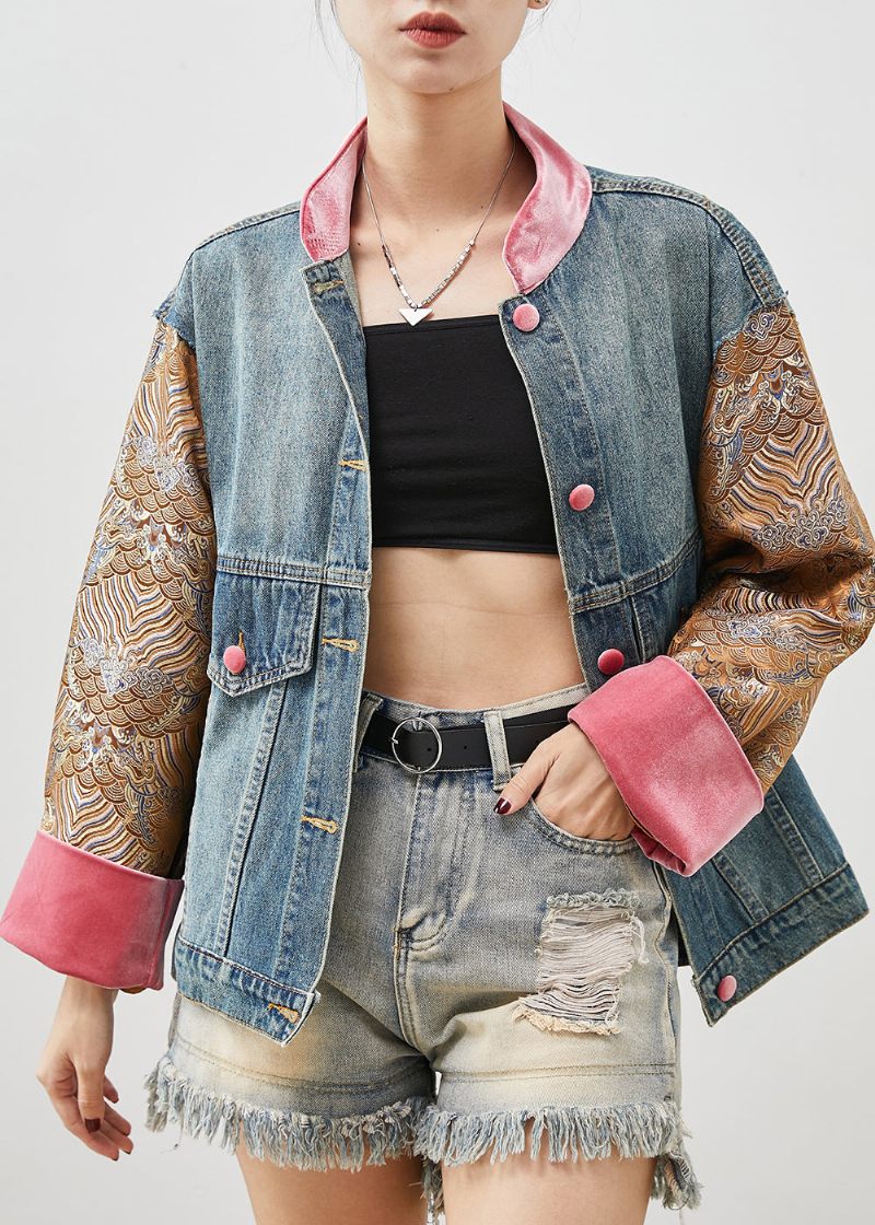 Originalt Design Blå Oversized Patchwork Denimjakke Forår - Dame vinterfrakker